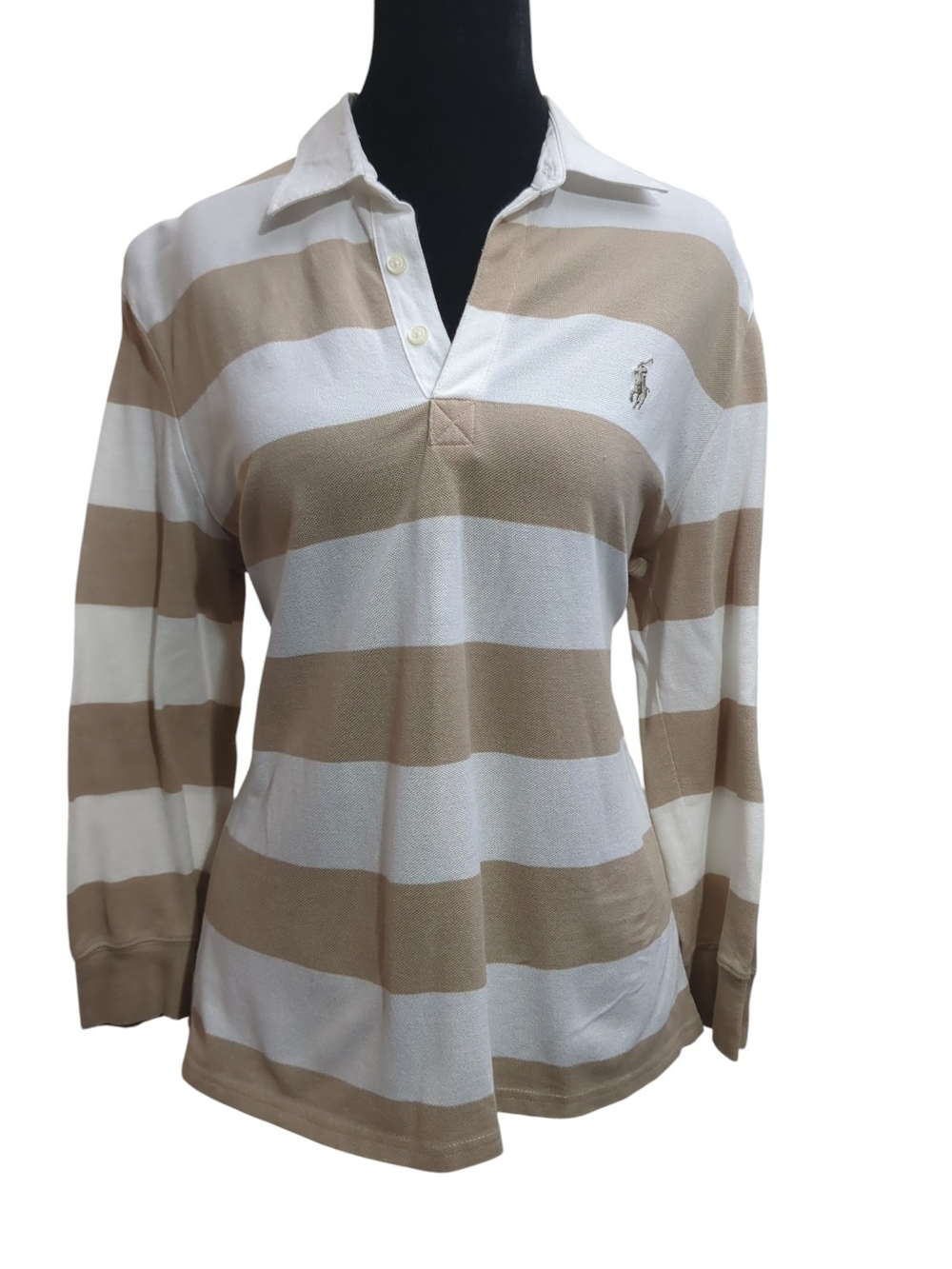 Ralph Lauren Sport Rugby Polo Shirt Large Beige White Striped Long Sleeve Cotton